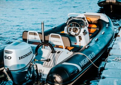 Highfield Sport 460 aluminum hull RIB inflatable boat with outboard motor available at McCotters Marina North Carolina